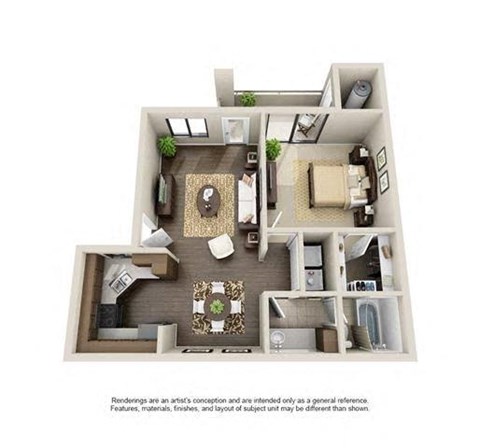 A 3D floor plan of a house with a kitchen, living room, and two bedrooms.
